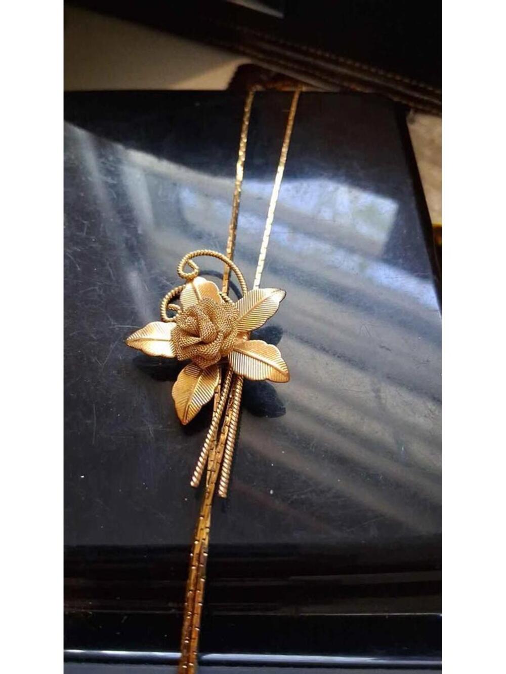 Gold Mesh Flower Slide Victorian Revival Long Gold Pendant Necklace, Bolo Slide